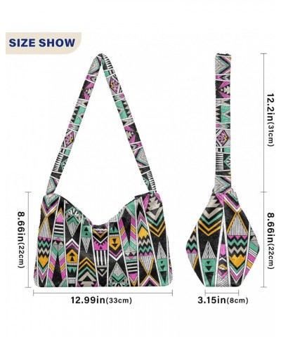 African Tribal Geometry Print Plush Shoulder Bag Furry Tote Handbag Purse Faux Fur Crossbody Bag for Women $9.46 Shoulder Bags