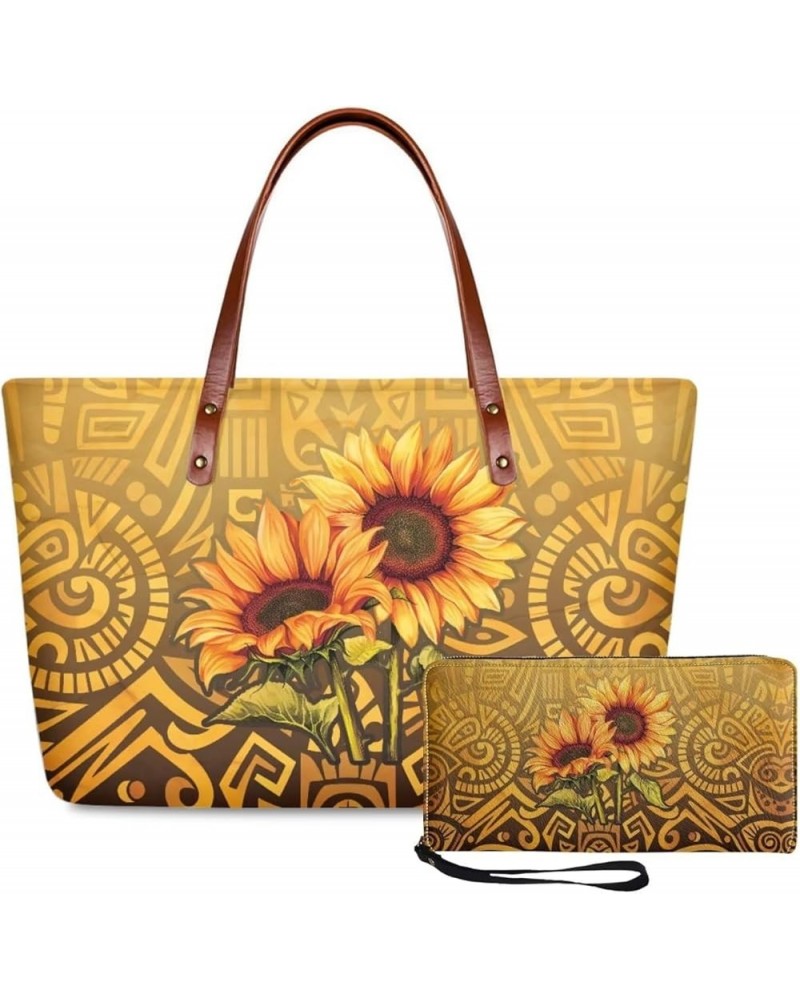 2 Pcs Large Tote Handbag with PU Wallet, Women Hand bags Purses, Top Handle Bag Satchel Shoulder Bag Boho Sunflower-yellow $2...