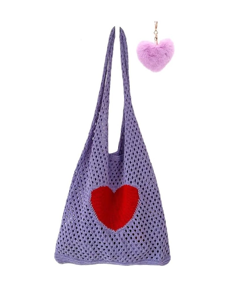 Crochet Tote Bag for Women Aesthetic Hobo Mesh Bags Knitted Shoulder Handbag Fairy Grunge Y2k Bag (Khaki-flower) Purple-heart...