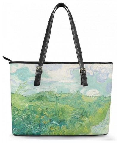 Women Van Gogh Tote Bag Pu Leather Top Handle Adjustable Satchel Handbags Shoulder Bag Green Wheat Fields $24.43 Totes