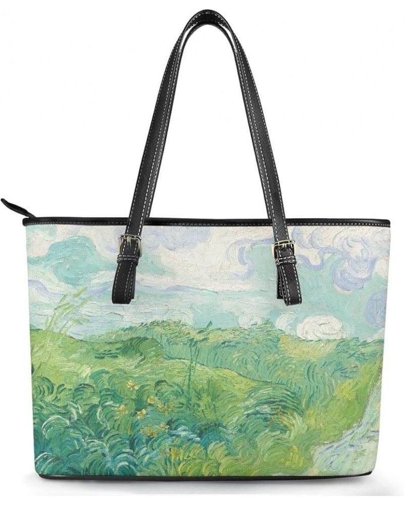 Women Van Gogh Tote Bag Pu Leather Top Handle Adjustable Satchel Handbags Shoulder Bag Green Wheat Fields $24.43 Totes