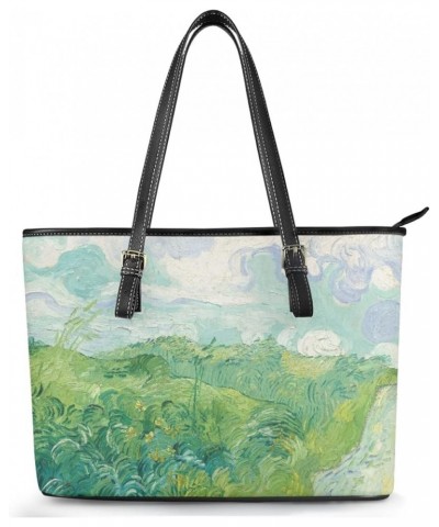 Women Van Gogh Tote Bag Pu Leather Top Handle Adjustable Satchel Handbags Shoulder Bag Green Wheat Fields $24.43 Totes