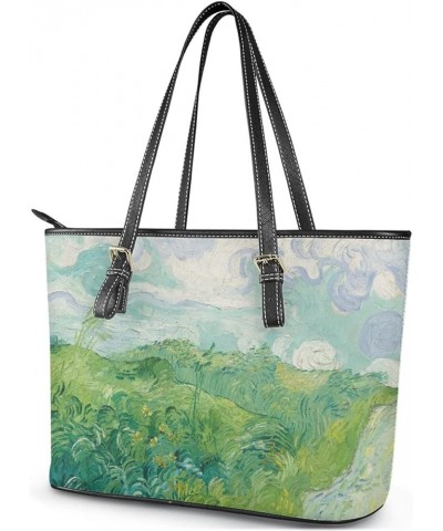 Women Van Gogh Tote Bag Pu Leather Top Handle Adjustable Satchel Handbags Shoulder Bag Green Wheat Fields $24.43 Totes