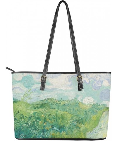 Women Van Gogh Tote Bag Pu Leather Top Handle Adjustable Satchel Handbags Shoulder Bag Green Wheat Fields $24.43 Totes