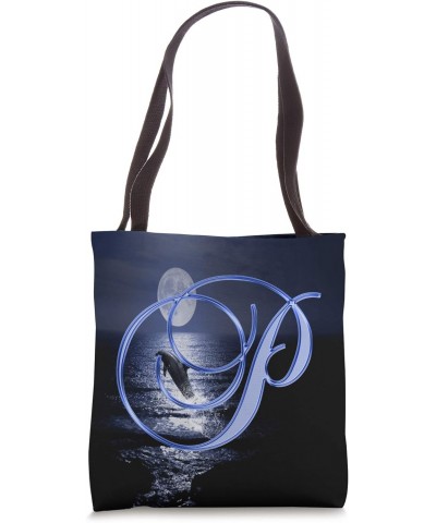 P Dolphin Blue Animal Ocean Moon Sea Initial Letter Name Tote Bag $12.89 Totes