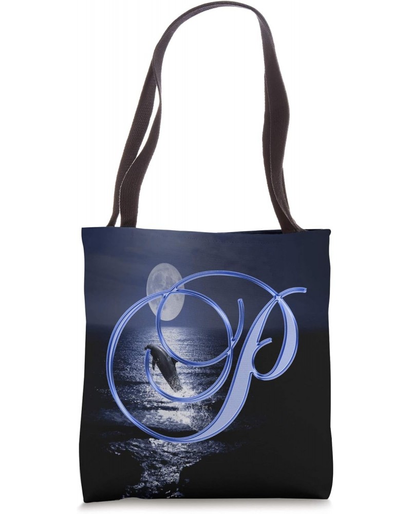 P Dolphin Blue Animal Ocean Moon Sea Initial Letter Name Tote Bag $12.89 Totes