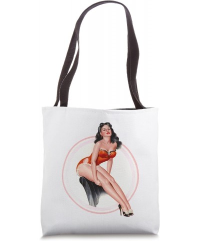 Hot Pin Up Girl Relaxing in Red Lingerie-Classic Pinup Girl Tote Bag $13.91 Totes