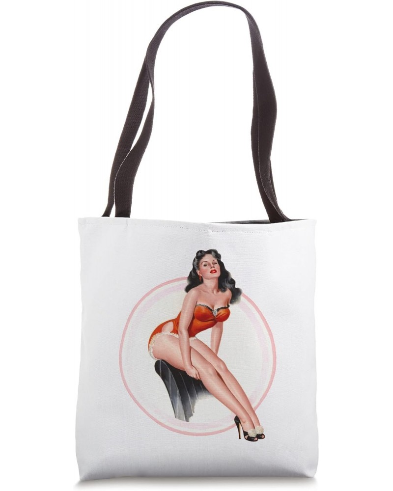 Hot Pin Up Girl Relaxing in Red Lingerie-Classic Pinup Girl Tote Bag $13.91 Totes