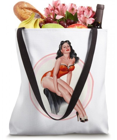 Hot Pin Up Girl Relaxing in Red Lingerie-Classic Pinup Girl Tote Bag $13.91 Totes