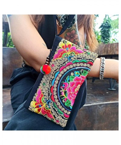 Smartphone Wristlet Bag - Handmade Embroidered Boho Clutch Wallets Purses Pink $12.99 Wristlets