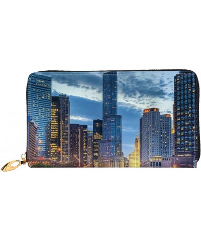 City Chicago Skyline Sunset River Leather Long Wallet Card Holder Organizer Wallet Zipper Wristlet Clutch Bag For Men Women $...