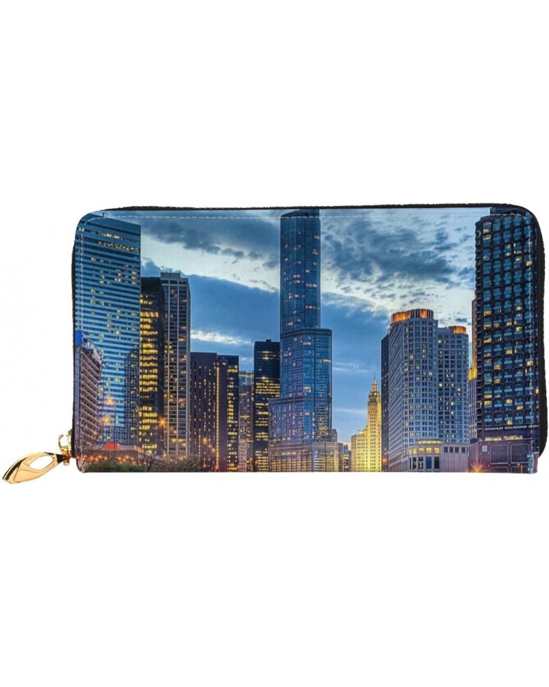 City Chicago Skyline Sunset River Leather Long Wallet Card Holder Organizer Wallet Zipper Wristlet Clutch Bag For Men Women $...