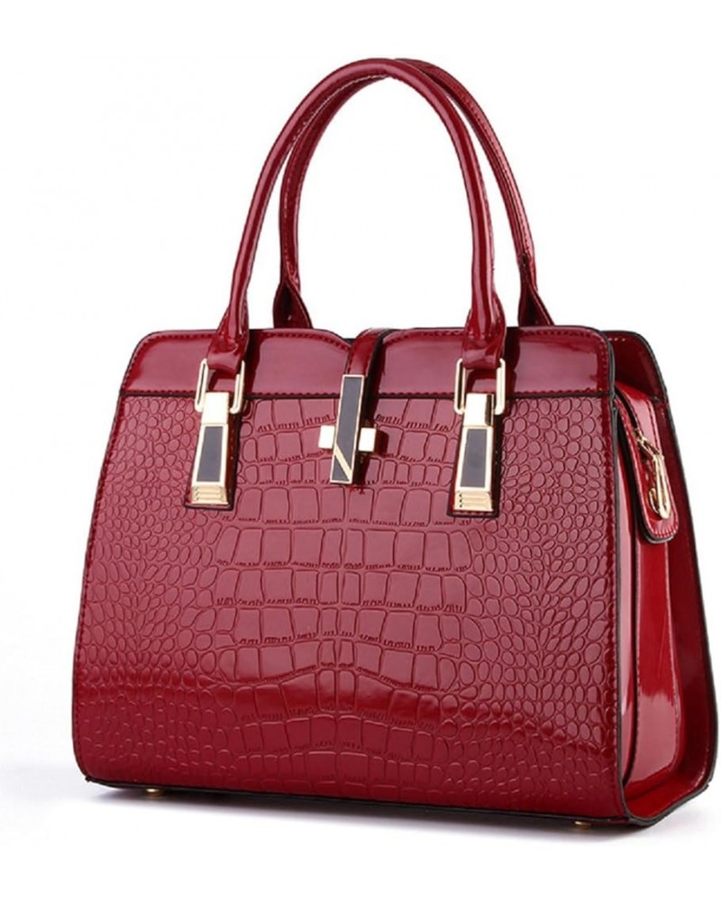 Shiny Patent Leather Handbag for Women Purse Crocodile Pattern Top-Handle Satchel Ladies Shoulder Bag Tote Wine $13.20 Totes