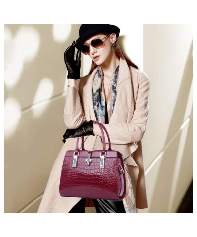 Shiny Patent Leather Handbag for Women Purse Crocodile Pattern Top-Handle Satchel Ladies Shoulder Bag Tote Wine $13.20 Totes