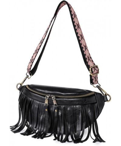 Women Vegan Leather Cross Chest Bag Rivets Fringed Shoulder Handbag Purse Waist Bag C-Black $13.80 Shoulder Bags