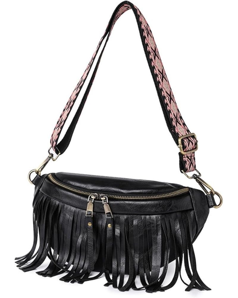 Women Vegan Leather Cross Chest Bag Rivets Fringed Shoulder Handbag Purse Waist Bag C-Black $13.80 Shoulder Bags