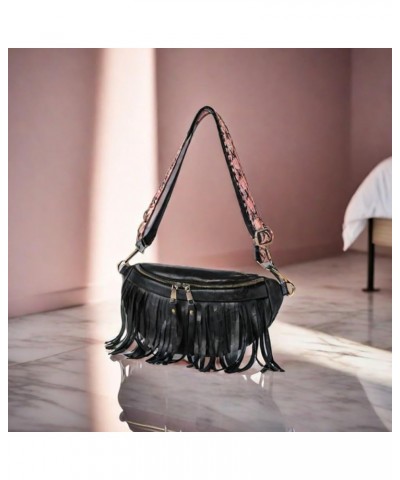 Women Vegan Leather Cross Chest Bag Rivets Fringed Shoulder Handbag Purse Waist Bag C-Black $13.80 Shoulder Bags