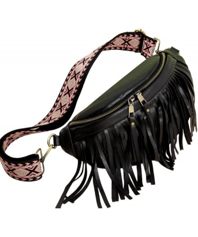 Women Vegan Leather Cross Chest Bag Rivets Fringed Shoulder Handbag Purse Waist Bag C-Black $13.80 Shoulder Bags