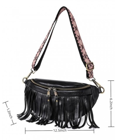 Women Vegan Leather Cross Chest Bag Rivets Fringed Shoulder Handbag Purse Waist Bag C-Black $13.80 Shoulder Bags