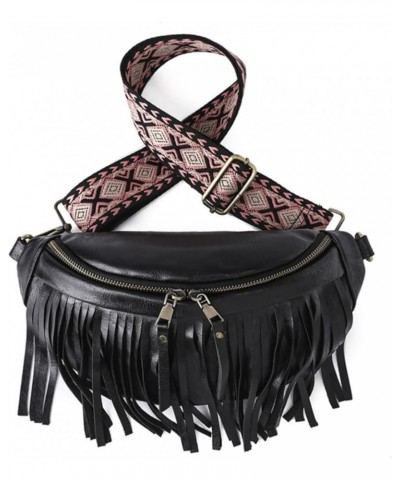 Women Vegan Leather Cross Chest Bag Rivets Fringed Shoulder Handbag Purse Waist Bag C-Black $13.80 Shoulder Bags