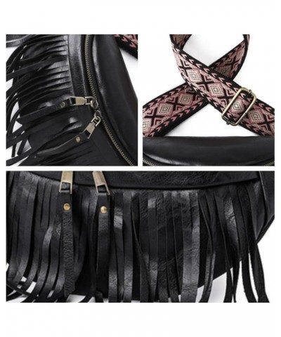 Women Vegan Leather Cross Chest Bag Rivets Fringed Shoulder Handbag Purse Waist Bag C-Black $13.80 Shoulder Bags