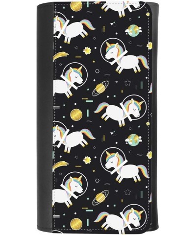 (Space Astronaut Unicorn and Galaxy Planet) women's Patterned Leather Buckle Trifold Wallet Bag Pouch Holster With Credit Car...