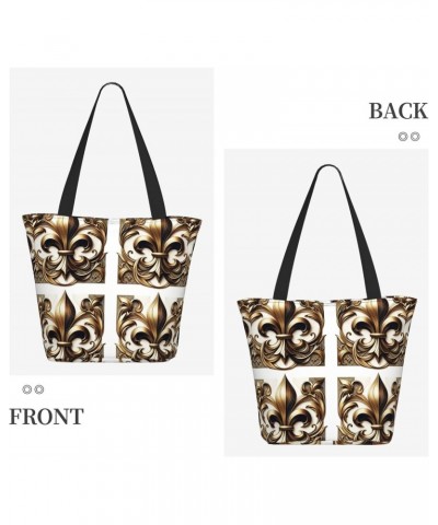 Women Shoulder Bag Fleur-De-Lis-Retro-Gold Foldable Tote Bag With Zipper Closure Casual Shopping Purse Daily Bag $14.15 Totes