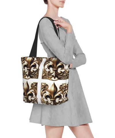 Women Shoulder Bag Fleur-De-Lis-Retro-Gold Foldable Tote Bag With Zipper Closure Casual Shopping Purse Daily Bag $14.15 Totes