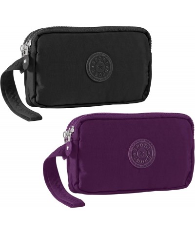 Large Capacity Wristlet Wallet - Women 3 Layers Zipper Oxford Cloth Waterproof Handbag Purse Black+purple $5.81 Wristlets