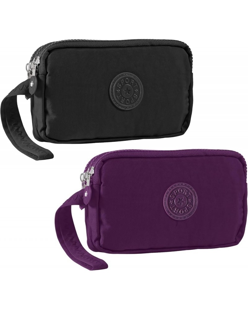 Large Capacity Wristlet Wallet - Women 3 Layers Zipper Oxford Cloth Waterproof Handbag Purse Black+purple $5.81 Wristlets