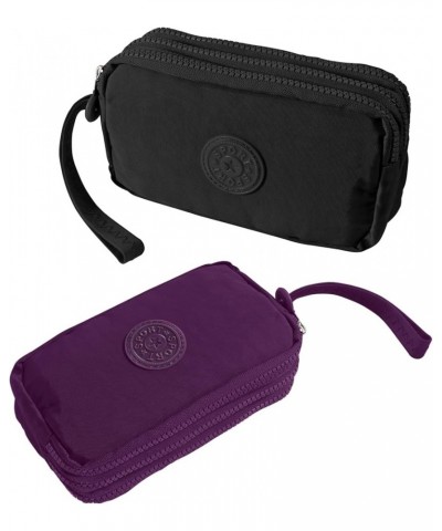 Large Capacity Wristlet Wallet - Women 3 Layers Zipper Oxford Cloth Waterproof Handbag Purse Black+purple $5.81 Wristlets