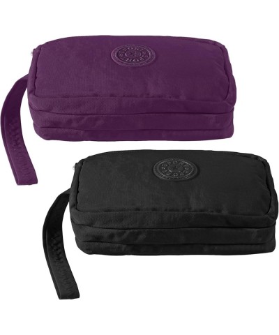 Large Capacity Wristlet Wallet - Women 3 Layers Zipper Oxford Cloth Waterproof Handbag Purse Black+purple $5.81 Wristlets