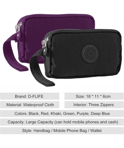 Large Capacity Wristlet Wallet - Women 3 Layers Zipper Oxford Cloth Waterproof Handbag Purse Black+purple $5.81 Wristlets