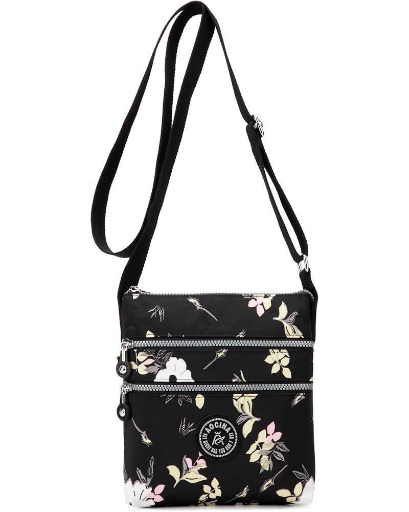 Crossbody Purses for Women Lightweight Small Travel Bag Shoulder Purses and Handbags with Multi Zipper Pockets A-black Flower...