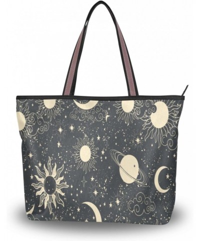 Womens Tote Bag, Black Space Sun Moon Star Ladies Zip Shoulder Handbags $12.71 Shoulder Bags