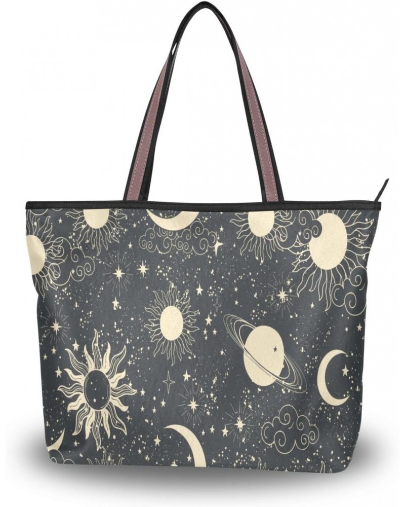 Womens Tote Bag, Black Space Sun Moon Star Ladies Zip Shoulder Handbags $12.71 Shoulder Bags