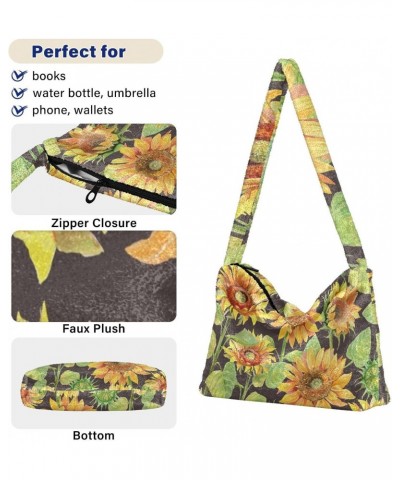 Sunflower Watercolor Bright Furry Tote Bag for Women Crossbody Bag Casual Shoulder Handbags Hobo Purse with Zipper for Autumn...