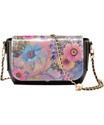 Colorful Modern Floral Leather Crossbody Bag for Women Small Handbag with Chain Strap, Flip-Top Crossbody Purse $17.60 Crossb...