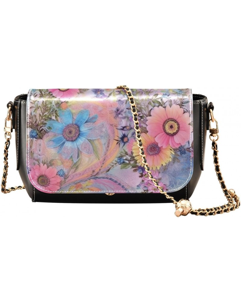 Colorful Modern Floral Leather Crossbody Bag for Women Small Handbag with Chain Strap, Flip-Top Crossbody Purse $17.60 Crossb...