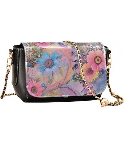 Colorful Modern Floral Leather Crossbody Bag for Women Small Handbag with Chain Strap, Flip-Top Crossbody Purse $17.60 Crossb...