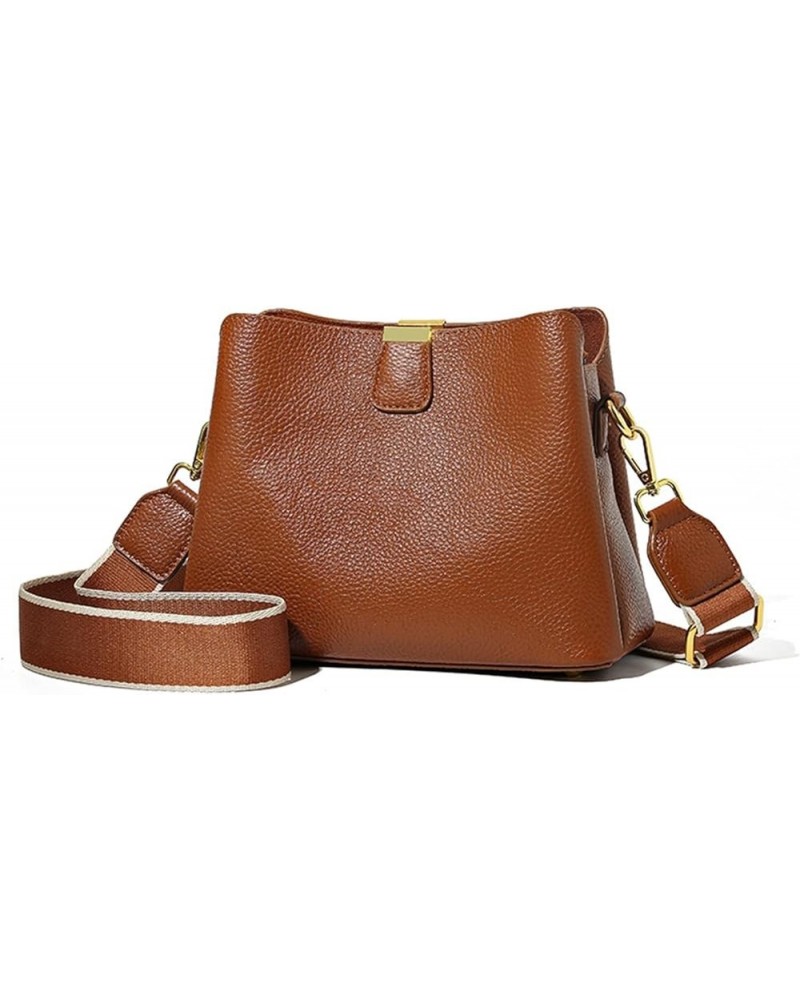 Genuine Leather Women Bucket Shoulder Bag Female Handbag Wide Strap Ladies Crossbody Bags Cowhide Totes Bag for Women (Color ...