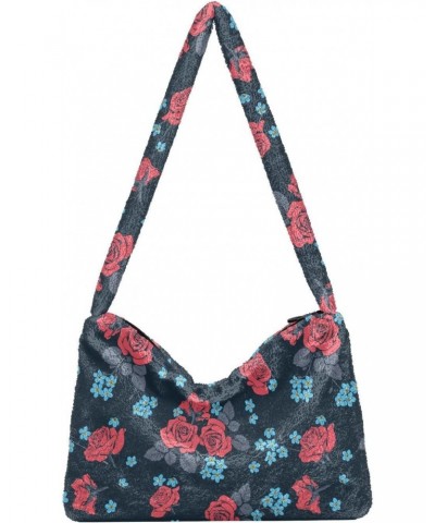 Red Roses Myosotis Flowers Plush Underarm Bag Women's Tote Handbags Fluffy Shoulder Bag Purse Lightweight Tote Bags Travel Pu...