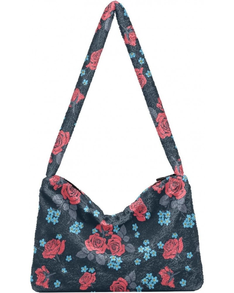 Red Roses Myosotis Flowers Plush Underarm Bag Women's Tote Handbags Fluffy Shoulder Bag Purse Lightweight Tote Bags Travel Pu...