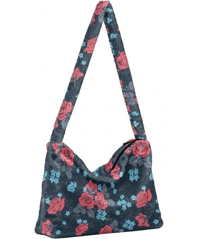 Red Roses Myosotis Flowers Plush Underarm Bag Women's Tote Handbags Fluffy Shoulder Bag Purse Lightweight Tote Bags Travel Pu...