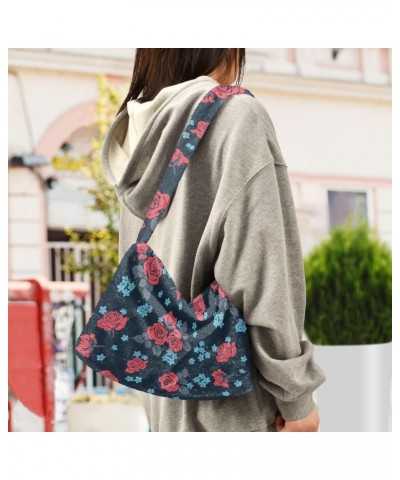 Red Roses Myosotis Flowers Plush Underarm Bag Women's Tote Handbags Fluffy Shoulder Bag Purse Lightweight Tote Bags Travel Pu...