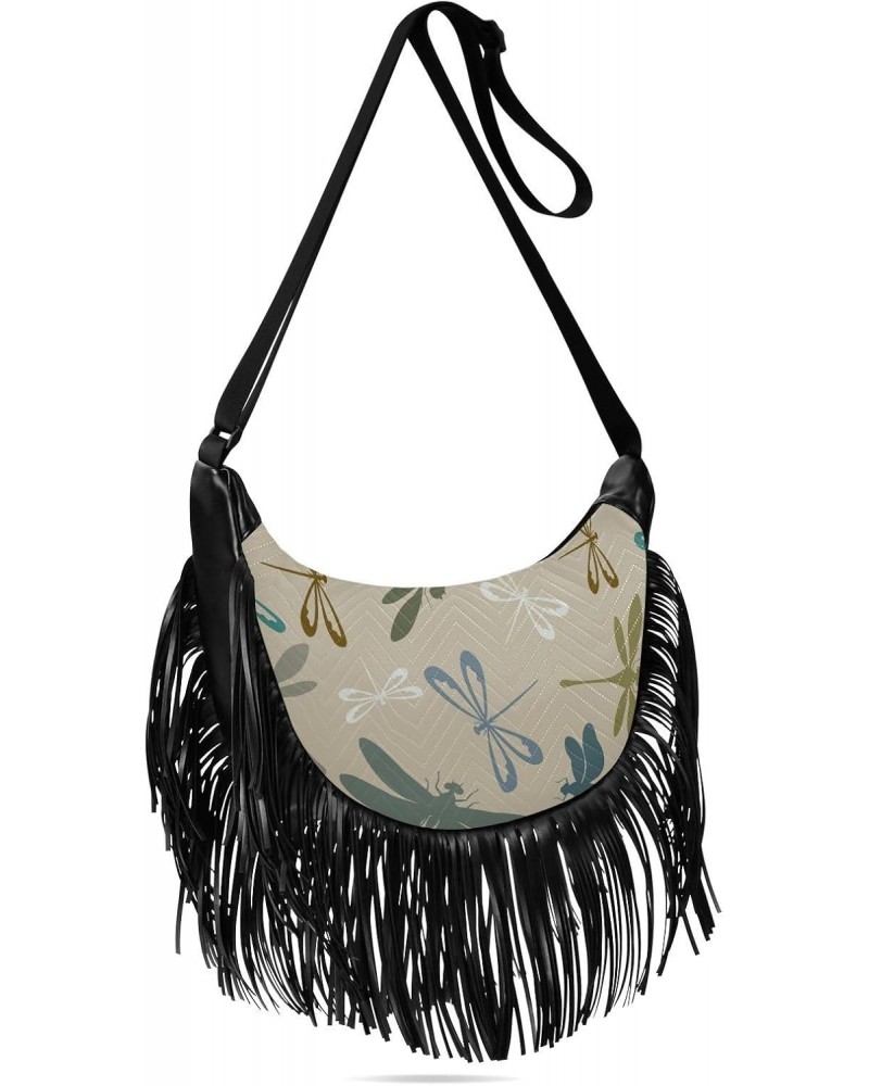 Vintage Dragonfly Fringe Bag for Women Cross Body Bag Tassel Shoulder Bag Satchel $13.50 Crossbody Bags