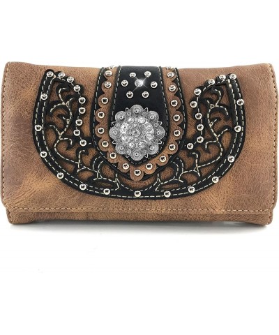 Concealed Carry Floral Embroidery Rhinestone Berry Concho Stud Purse Brown Trifold Wallet Only $15.08 Shoulder Bags