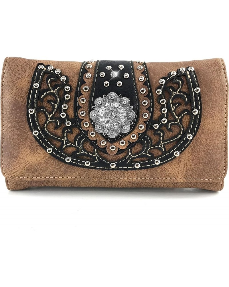 Concealed Carry Floral Embroidery Rhinestone Berry Concho Stud Purse Brown Trifold Wallet Only $15.08 Shoulder Bags