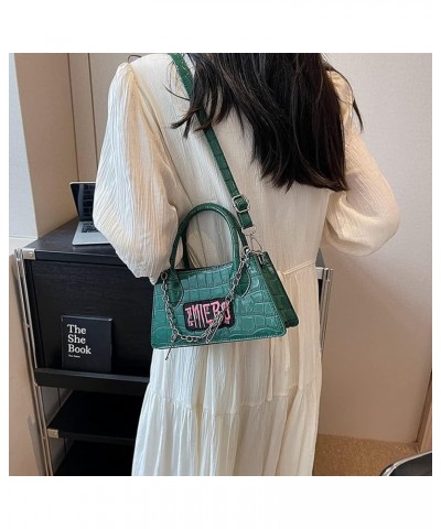 Y2k Crossbody Bag for Women PU Leather Stone Punk Chain Top-handle Bag Fashon Simple Casual Handbags Green $10.61 Handbags