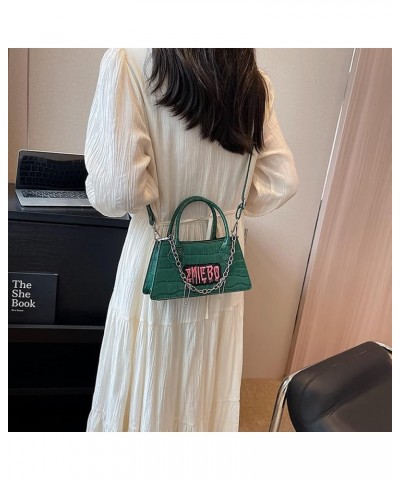 Y2k Crossbody Bag for Women PU Leather Stone Punk Chain Top-handle Bag Fashon Simple Casual Handbags Green $10.61 Handbags